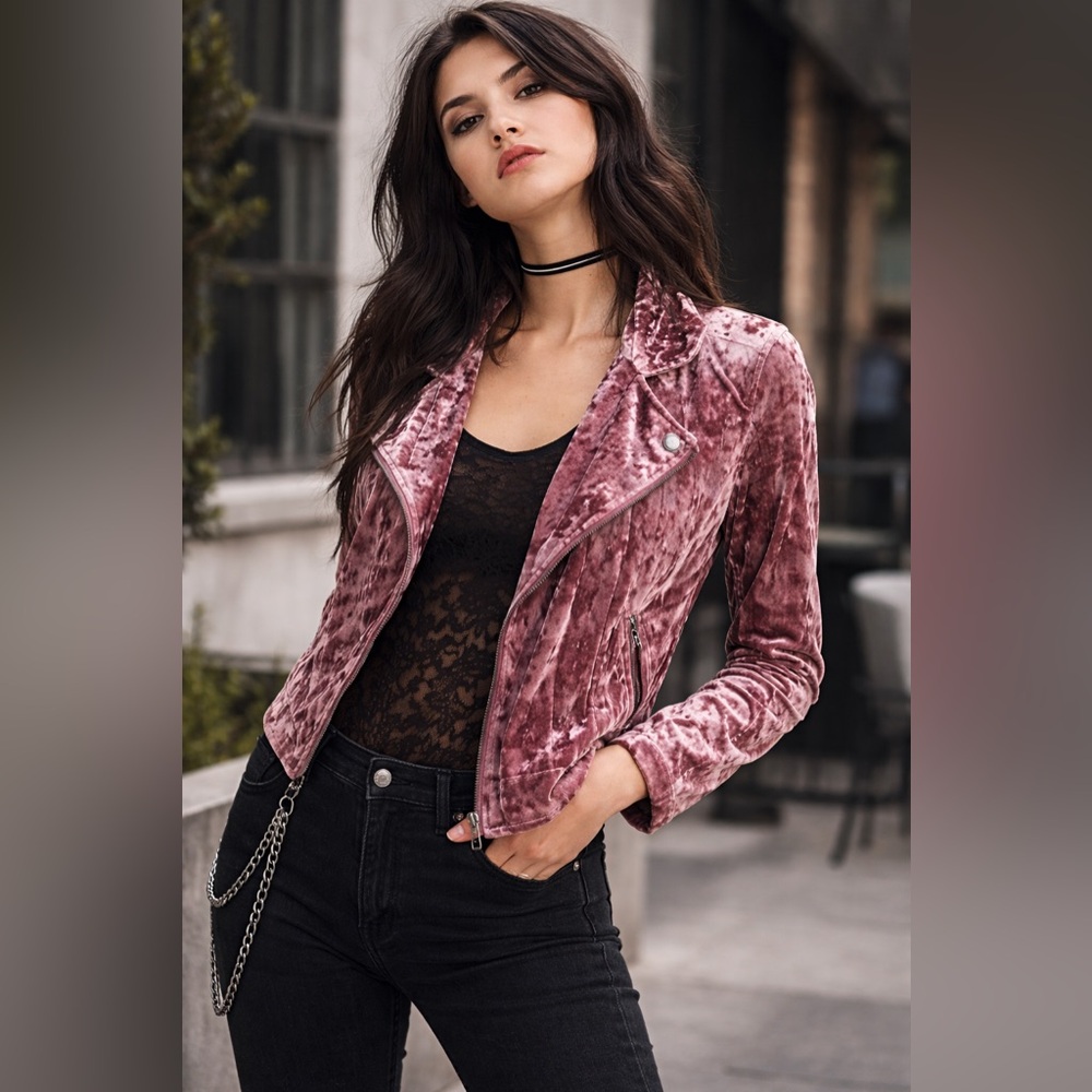 American Eagle Outfitters Y2K Crushed Velvet Moto Mauve Jacket. XS
